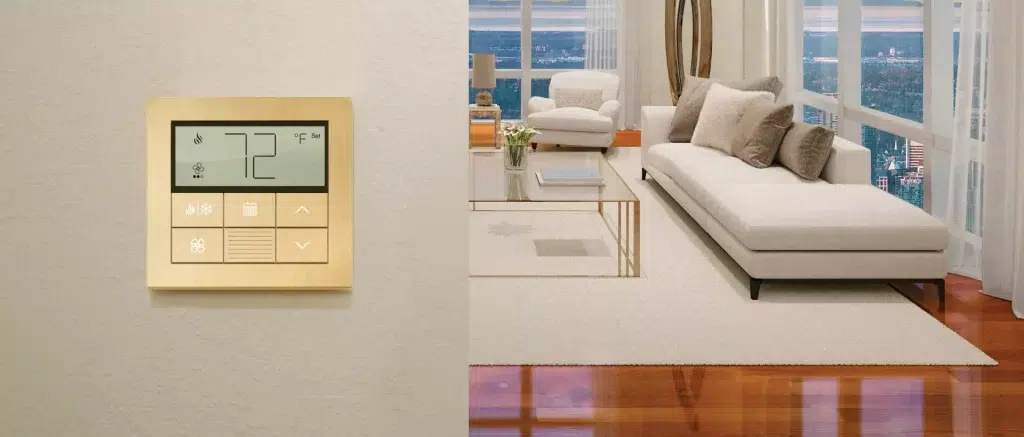 Lutron Palladiom smart thermostat in a modern living room