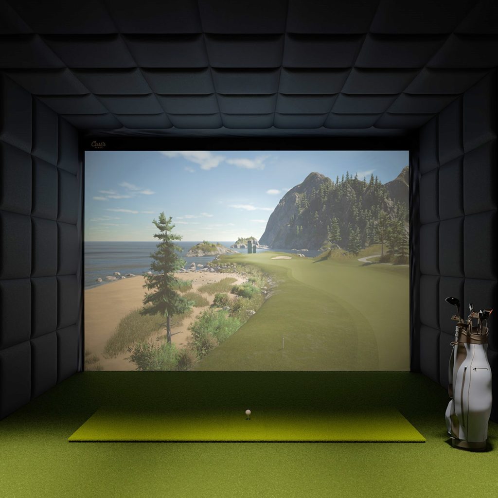Built-in home golf simulator with padded walls, impact screen and hitting mat